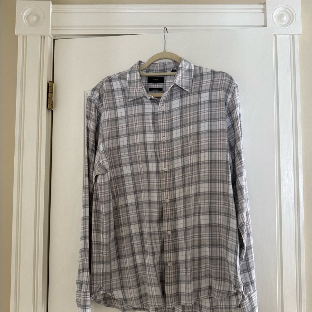 Vince Men's Light Gray Plaid Button Down Shirt